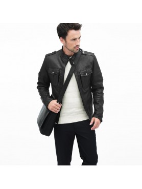 Garment washed leather Jacket Slim fit