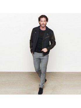 Glen check wool fabric with pebbled leather sleeves